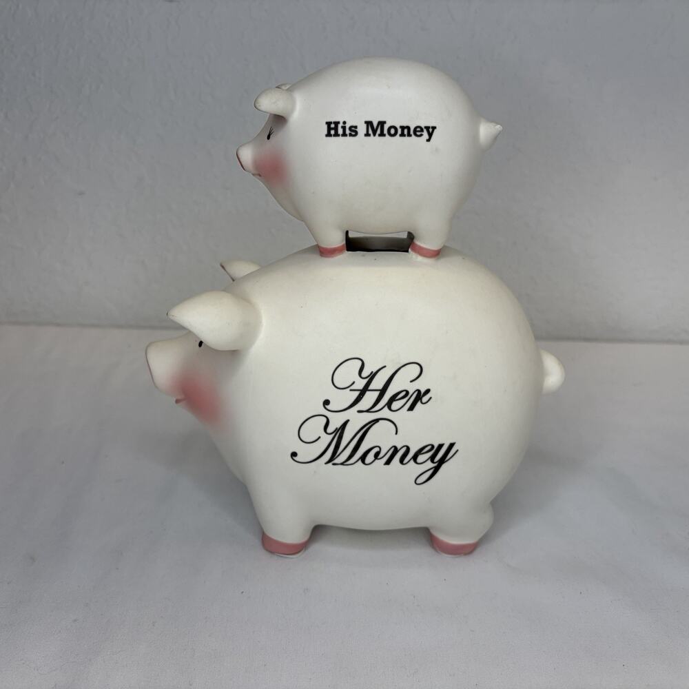 His Money Her Money Piggy Bank ceramic C.M. Redwine 2006, savings, corky, fun